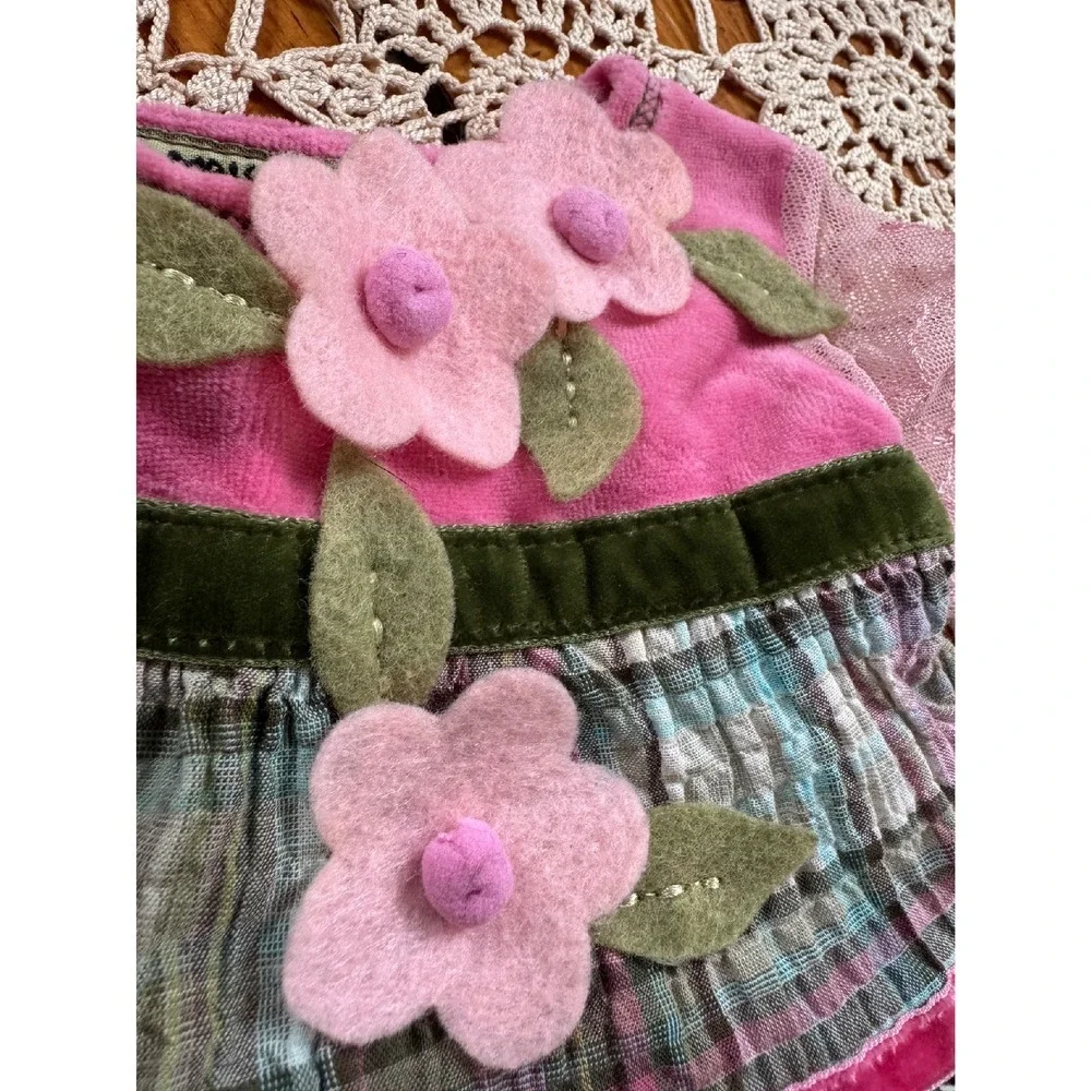 Little‎ Mass Dress Plaid Floral Applique Long Sleeve Pink Velvet 6M